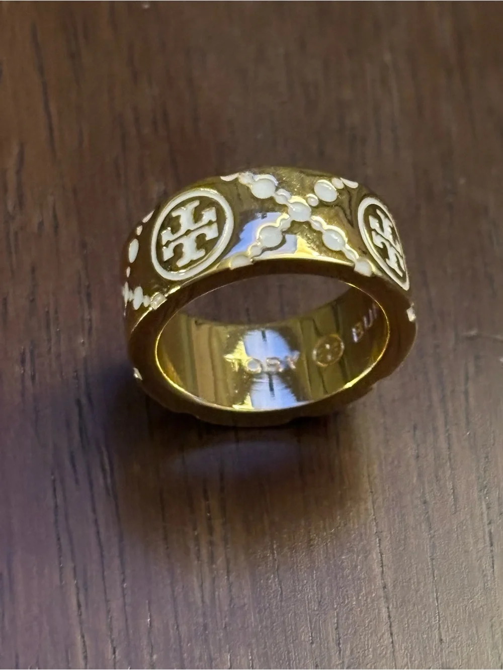 Tory Burch Gold plated Ring with White Enamel Logo Accents